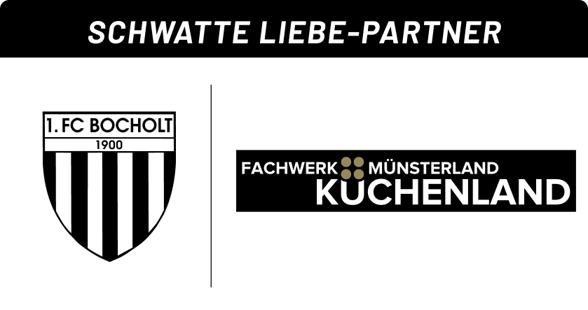 Sposorwand mit 1FC Bocholt Logo links u. Fachwerk Küchen Logo auf der rechten Seite.