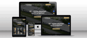 Responsive Website von Fachwerk Küchenland Münsterland auf verschiedenen Geräten (Laptop, Tablet, Smartphone, Desktop) mit Startseite und Schriftzug ‚50+ Küchen dauerhaft vor Ort aufgebaut‘ in moderner, benutzerfreundlicher Ansicht.“