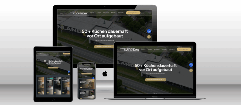 Responsive Website von Fachwerk Küchenland Münsterland auf verschiedenen Geräten (Laptop, Tablet, Smartphone, Desktop) mit Startseite und Schriftzug ‚50+ Küchen dauerhaft vor Ort aufgebaut‘ in moderner, benutzerfreundlicher Ansicht.“
